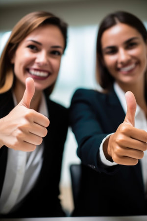 shot of two unrecognizable young women showing thumbs up together at a conference, created with generative aiの素材