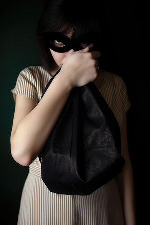 cropped shot of a woman holding a bag with her eyes covered by it, created with generative aiの素材