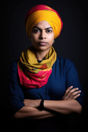 portrait of a confident young woman wearing a turban standing with her arms crossed in the studio, created with generative aiの素材
