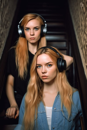 portrait of two confident young women wearing headphones while standing on a staircase, created with generative aiの素材