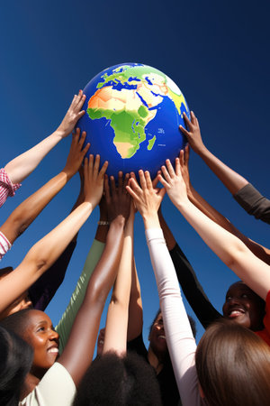 a group of diverse people holding a globe with their hands raised in unity, created with generative aiの素材