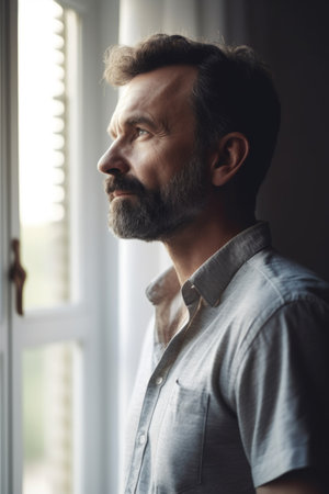 shot of a man standing and looking thoughtful at home, created with generative aiの素材