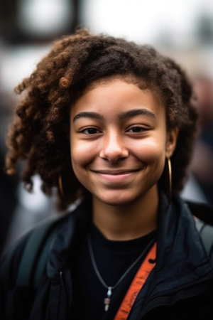 portrait of a young female activist smiling at the camera, created with generative aiの素材