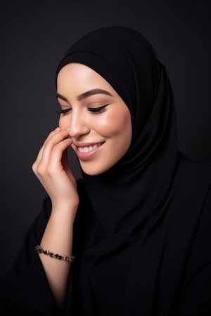 shot of a woman wearing a hijab while signing up to become comfortable in doing so, created with generative aiの素材