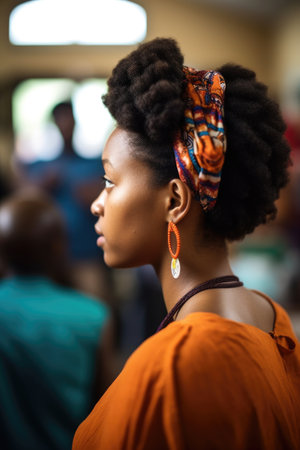 rearview shot of a young woman in a community meeting, created with generative aiの素材