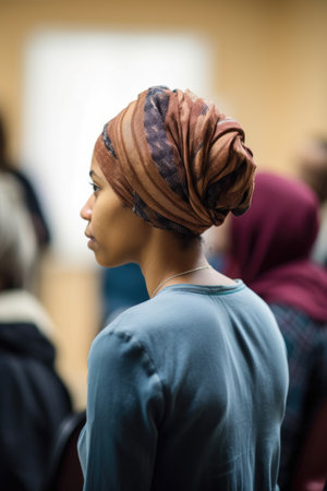 rearview shot of a young woman in a community meeting, created with generative aiの素材