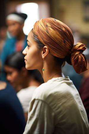 rearview shot of a young woman in a community meeting, created with generative aiの素材