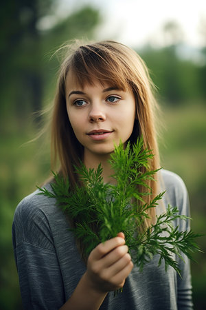 shot of a young woman holding up a plant in nature, created with generative aiの素材