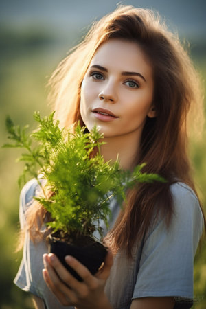 shot of a young woman holding up a plant in nature, created with generative aiの素材