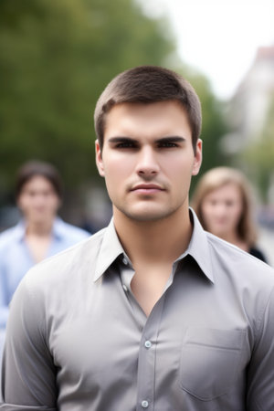 portrait of a confident young man standing outside with his colleagues in the background, created with generative aiの素材