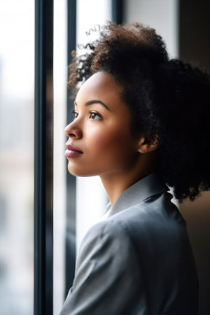 shot of a young woman looking out a window at an office building, created with generative aiの素材