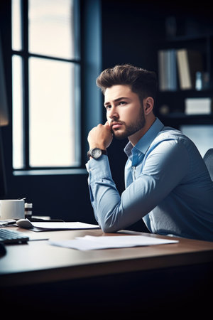 shot of a handsome young man working at his desk in the office, created with generative aiの素材