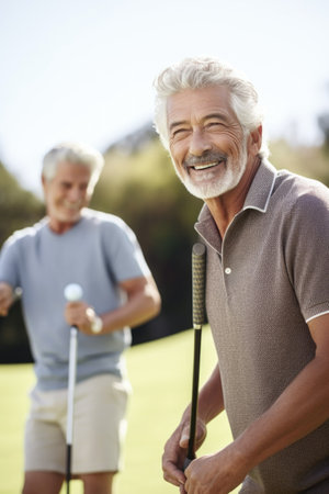 portrait of a mature man playing golf with his friend, created with generative aiの素材