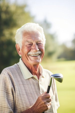 portrait of a senior man smiling while playing golf, created with generative aiの素材