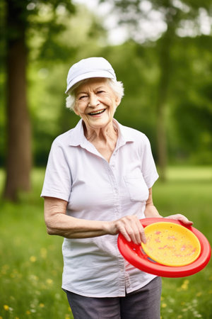 portrait of a happy senior woman taking a break from playing frisbee golf, created with generative aiの素材