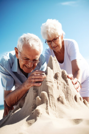 shot of a seniors making a sandcastle at the beach, created with generative aiの素材