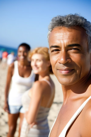 portrait of a man and woman at the beach with friends in the background, created with generative aiの素材