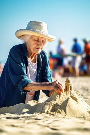shot of a senior woman working at the beach with sand sculptures, created with generative aiの素材