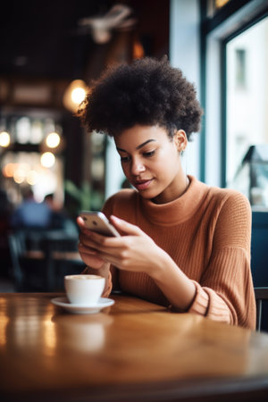 shot of an unidentifiable young woman using her smartphone in a coffee shop, created with generative aiの素材