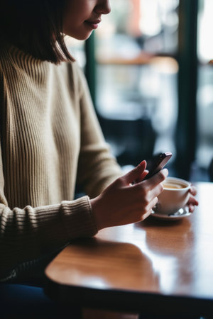 shot of an unidentifiable young woman using her smartphone in a coffee shop, created with generative aiの素材