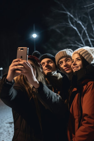 shot of a group of friends taking selfies with their camera phones at night, created with generative aiの素材