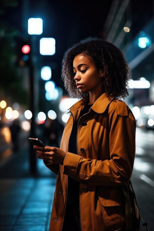 shot of an unrecognizable woman standing outside and using her phone in the city at night, created with generative aiの素材