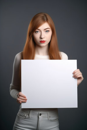 shot of a young woman holding a blank placard against a grey background, created with generative aiの素材