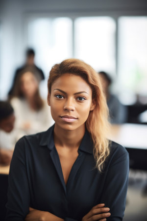 portrait of a young woman in a meeting with colleagues in the background, created with generative aiの素材