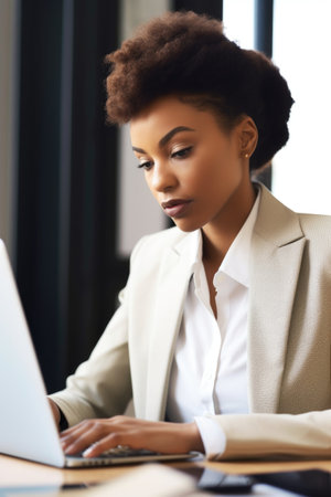 cropped shot of a young business woman using her laptop in the office, created with generative aiの素材