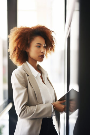 shot of a young businesswoman using a digital tablet in the office, created with generative aiの素材