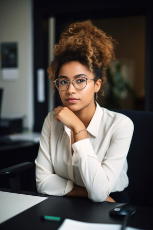 portrait of a confident young woman working in a modern office, created with generative aiの素材