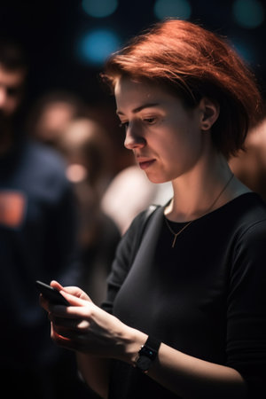 closeup shot of an unrecognisable woman using a cellphone at a tech convention, created with generative aiの素材