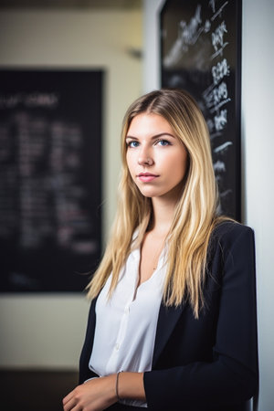 portrait of a confident young woman standing at a mission statement on the wall inside an office, created with generative aiの素材