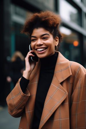 shot of a young woman using her phone while out in the city, created with generative aiの素材