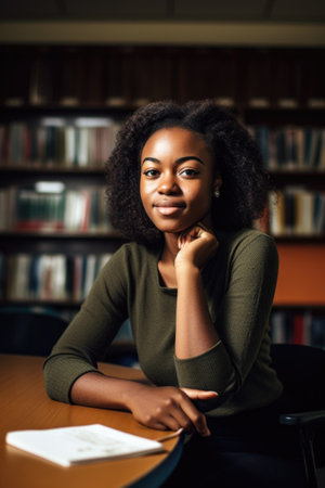 portrait of a young woman sitting in a study room at her university, created with generative aiの素材