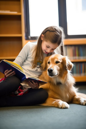 shot of a young girl reading to her puppy in the library at an elementary school, created with generative aiの素材