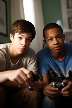 shot of two young men playing a video game together, created with generative aiの素材