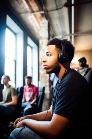 shot of a young man playing video game with his friends in the background, created with generative aiの素材