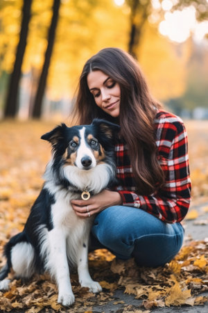shot of a young woman and her adorable dog outside, created with generative aiの素材