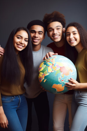 cropped shot of a group of young people holding a big globe, created with generative aiの素材