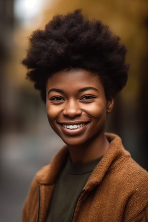 portrait of a happy young woman standing outside, created with generative aiの素材