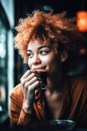 shot of an attractive young woman enjoying some coffee while relaxing, created with generative aiの素材
