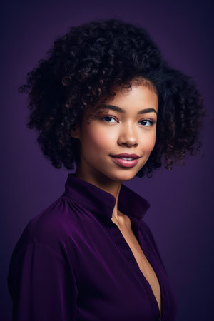 shot of an attractive young woman standing against a purple background, created with generative aiの素材