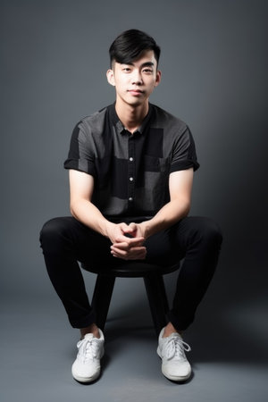 full length shot of a young asian man sitting with his hands folded, created with generative aiの素材