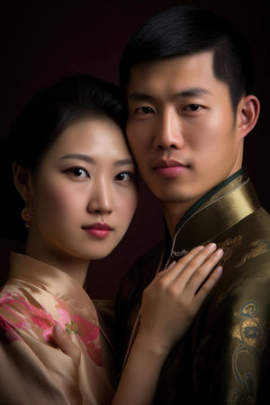 double portrait of a young asian couple, created with generative aiの素材