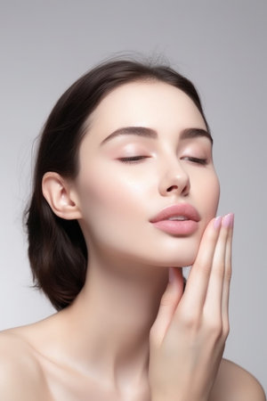face, blowing kisses and mockup with woman in studio for love, skincare or cosmetics on gray background, created with generative aiの素材