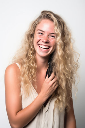 happy, portrait and woman on phone with a smile in studio isolated on white background, created with generative aiの素材