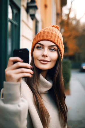 shot of a young woman using her smartphone to take a selfie outside, created with generative aiの素材