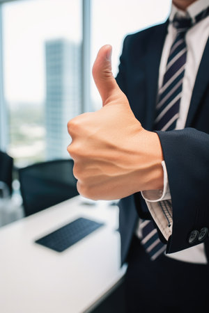 shot of an unrecognizable businessperson showing a thumbs up in an office, created with generative aiの素材