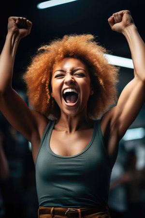 shot of a young woman celebrating after winning a contest, created with generative aiの素材